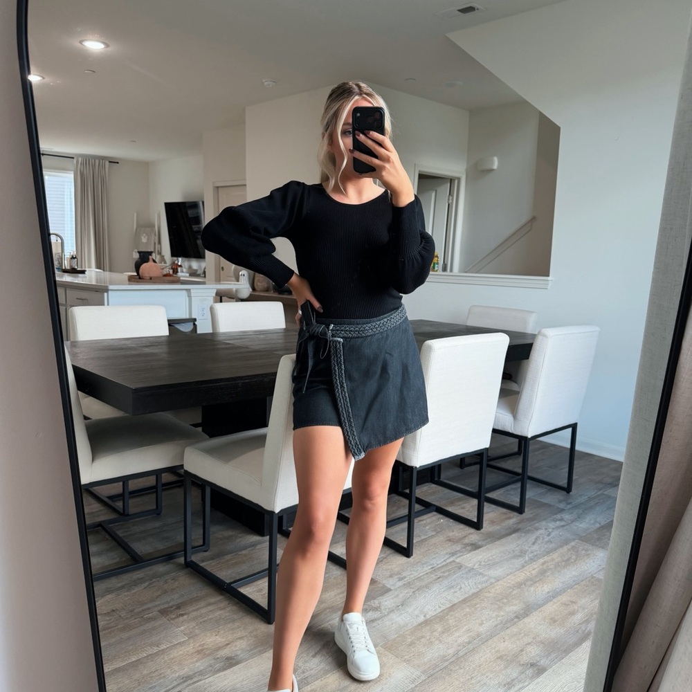 Stylish Black Wrap denim tie skort